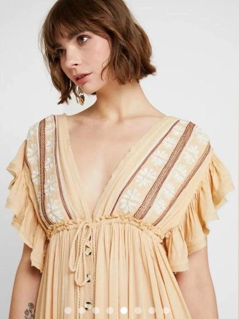 Free People Embroidered V-Neck Flutter Sleeve Dress - Size XS